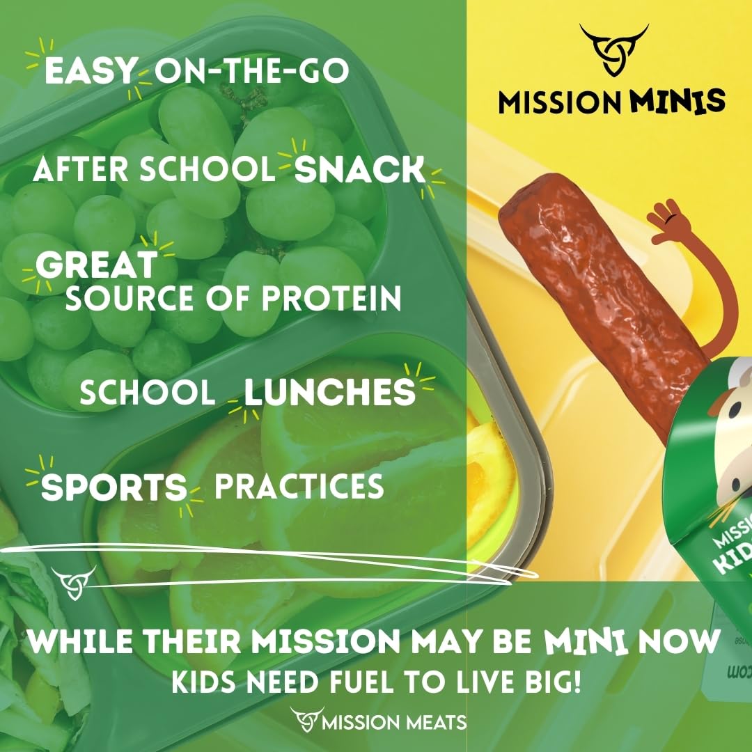 Mission Meats Kids Beef Sticks on lunchbox, convenient protein between activities.