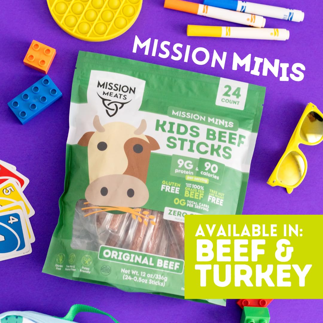 Mission Meats Kids Turkey Sticks 9g protein per serving, portable snack.