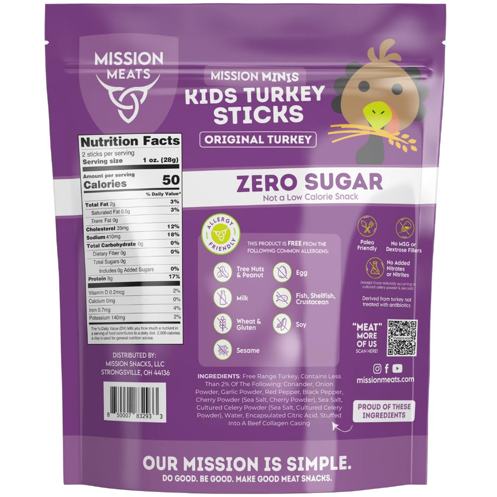 Mission Meats Kids Turkey Sticks individually wrapped for mess-free lunchbox snacking.