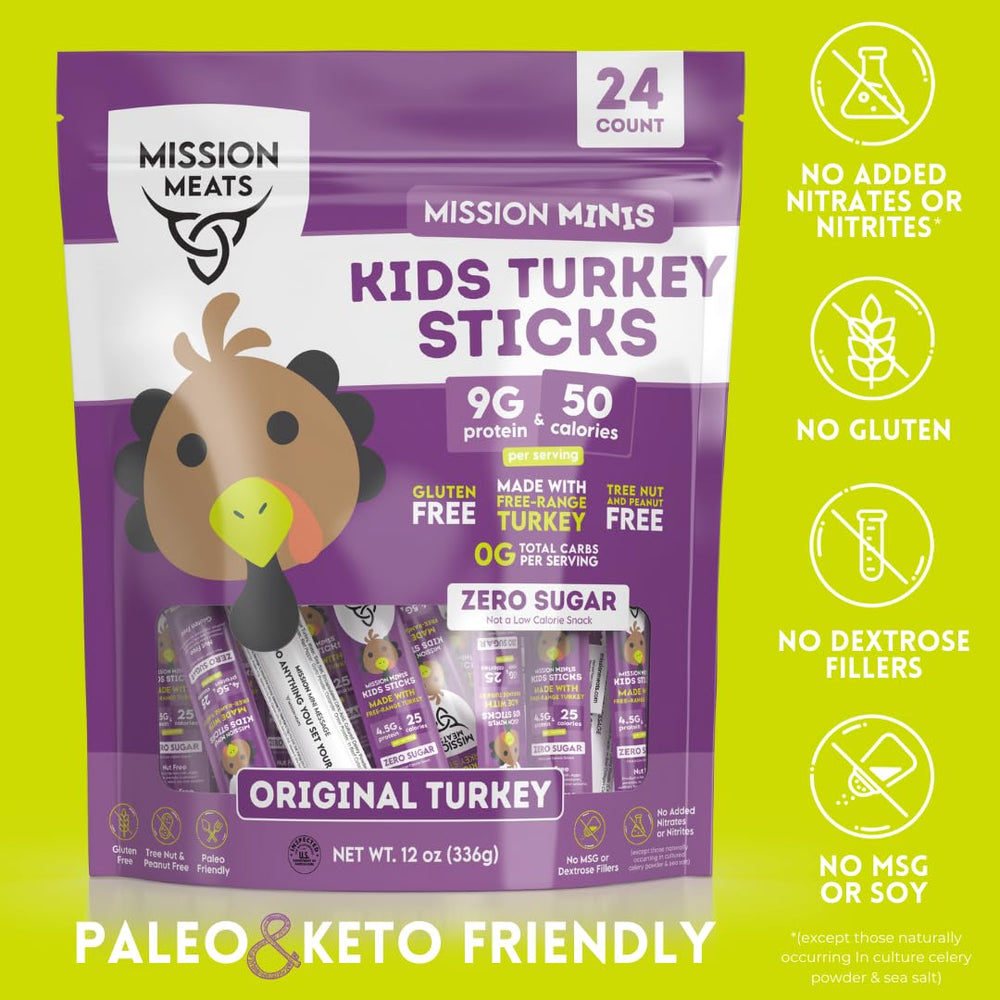 Mission Meats Kids Turkey Sticks ideal for school lunches or team snacks.