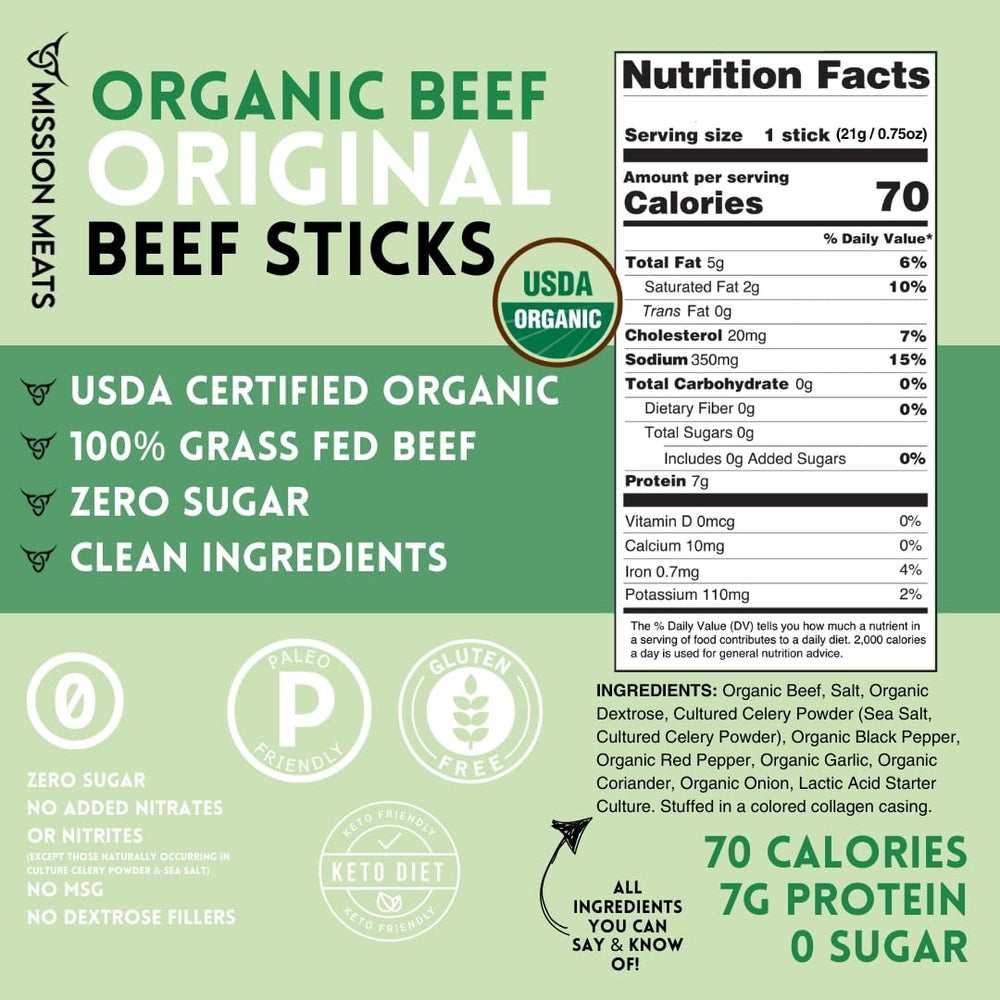 Mission Meats organic beef sticks with 7g protein per stick