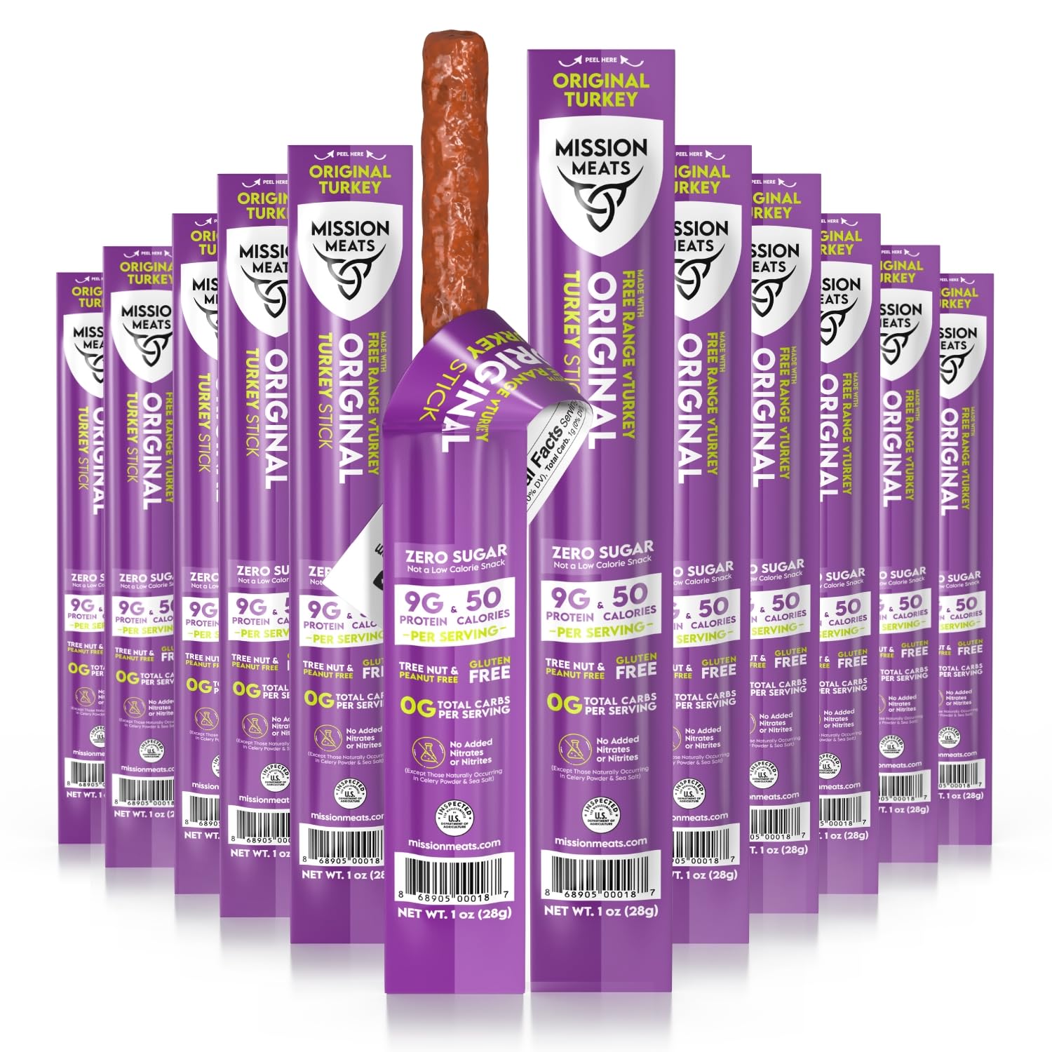 Mission Meats Original Turkey Sticks 1oz pack close-up, classic flavor for protein on the go.