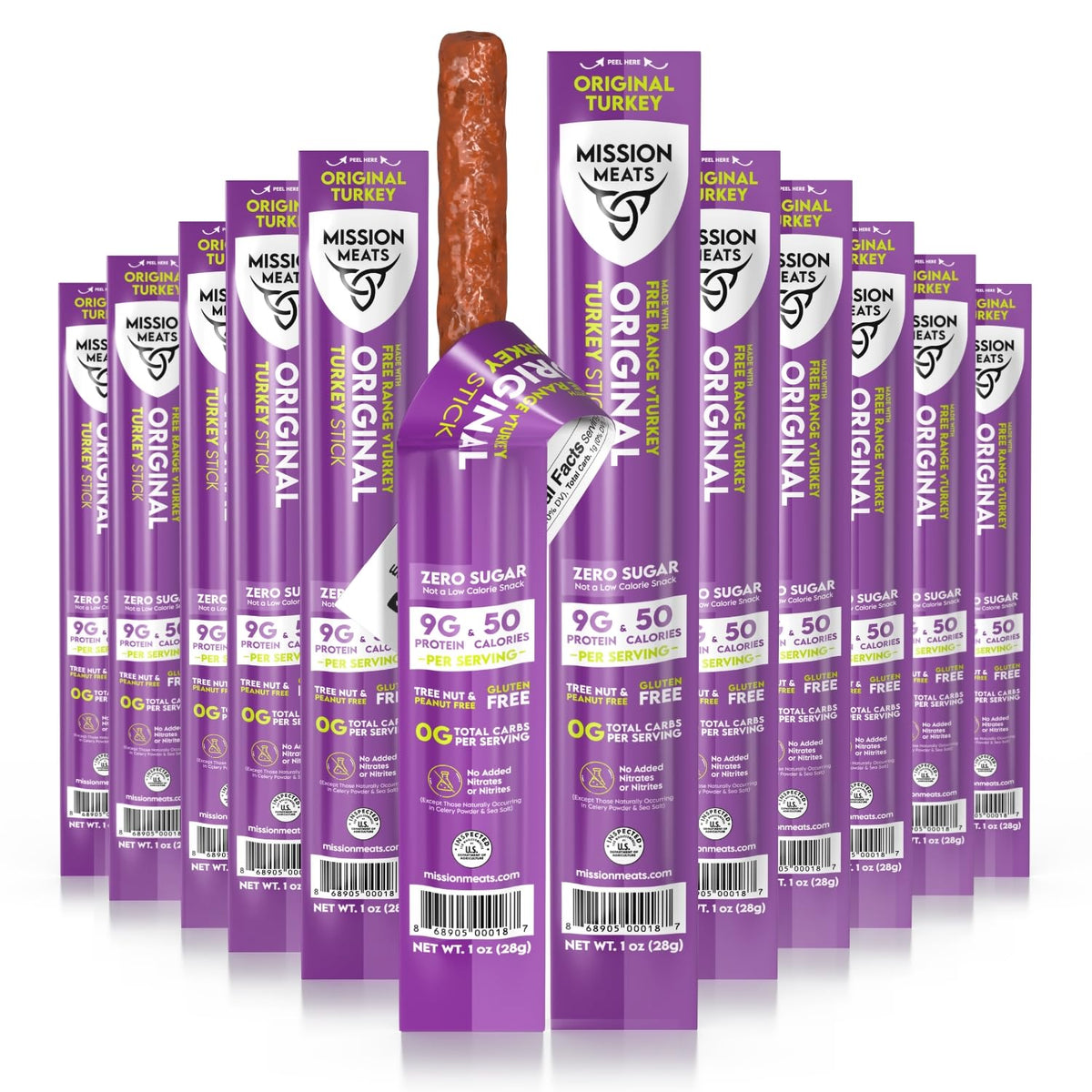 Mission Meats Original Turkey Sticks 1oz pack close-up, classic flavor for protein on the go.