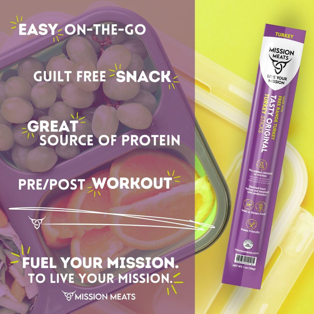 Mission Meats sticks on desk, office snack with 9g protein per stick.