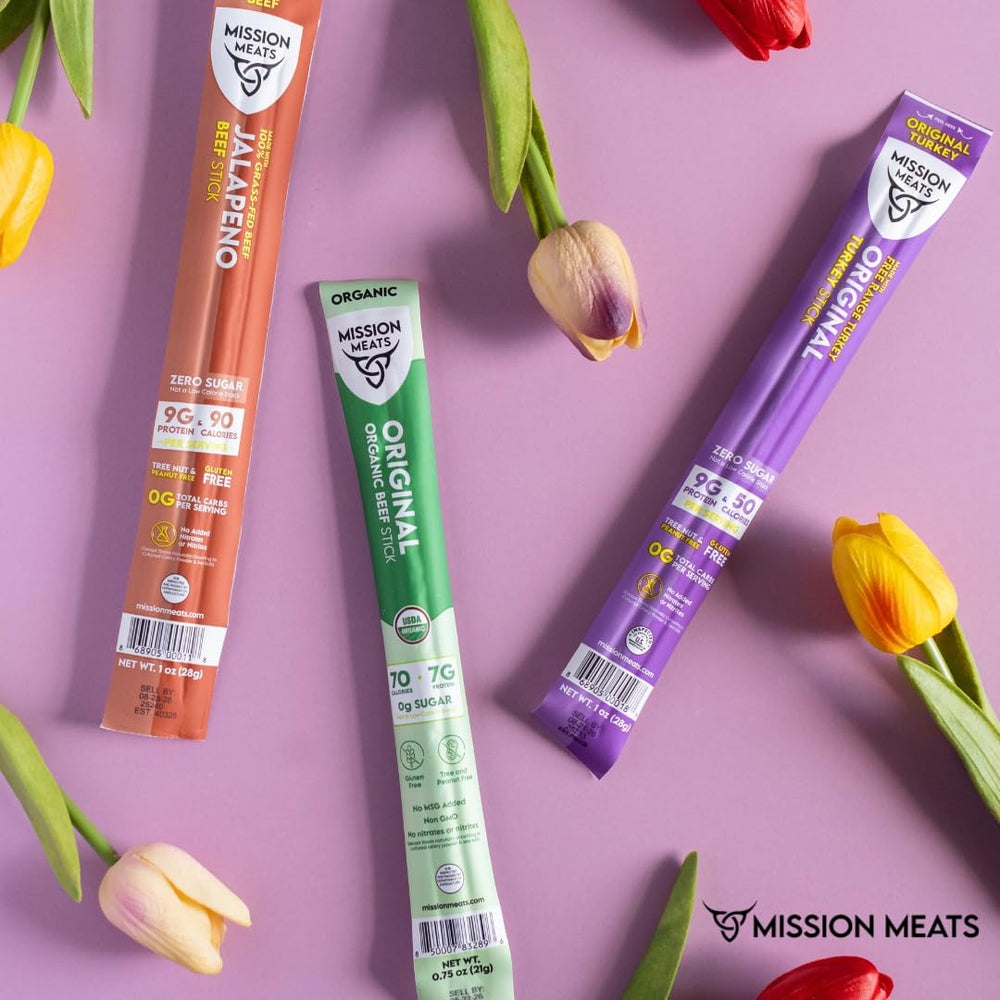 Mission Meats turkey sticks smoked in USA packaging, ready-to-eat snack.