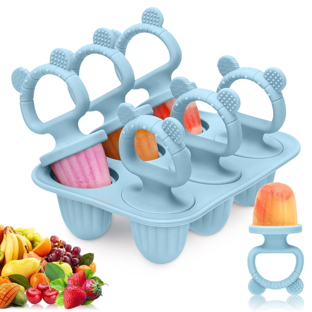 MISSLILI silicone baby popsicle molds blue six-cavity set for gentle teething bites.
