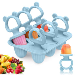 MISSLILI silicone baby popsicle molds blue six-cavity set for gentle teething bites.