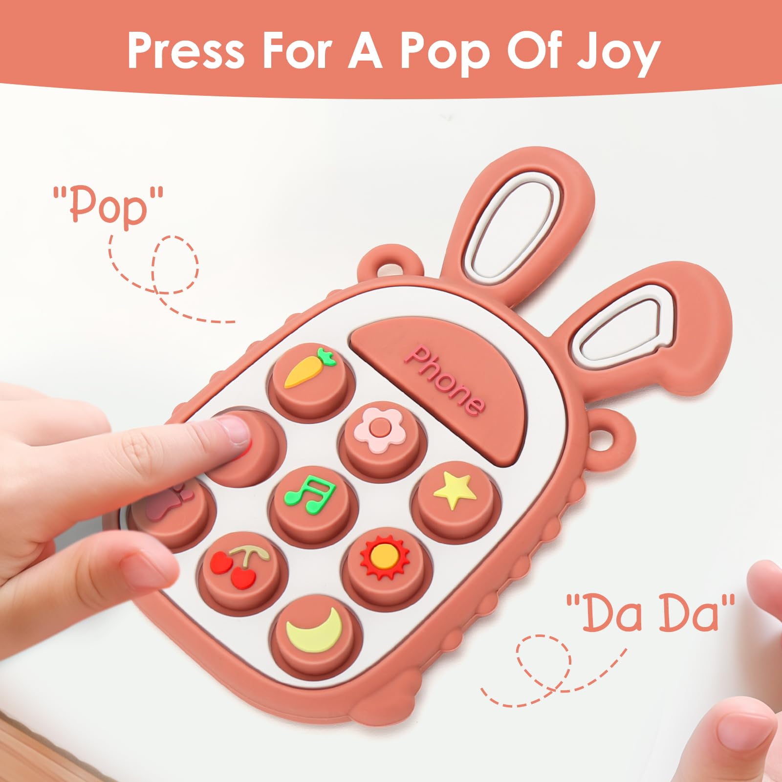 MISSLILI teether displays colorful buttons for visual stimulation during play.