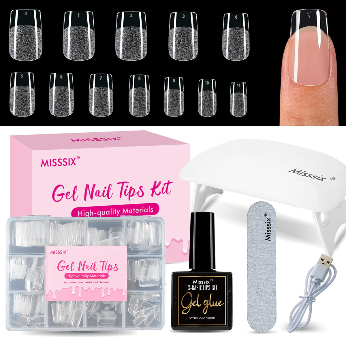 Misssix short square gel nail tips kit front view for home manicure convenience.