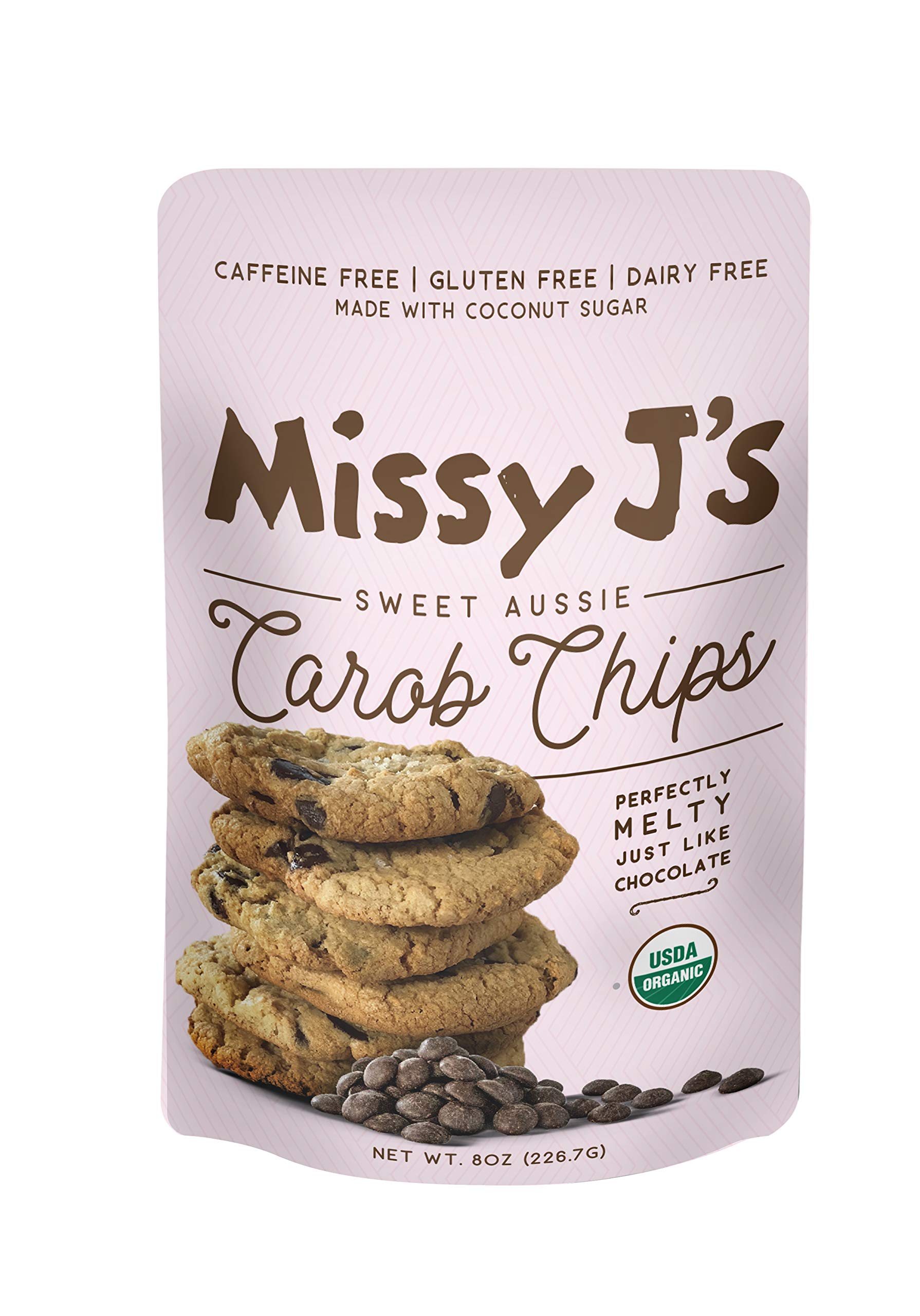 Missy J's carob chips bag front showcasing organic carob for snacks and baking