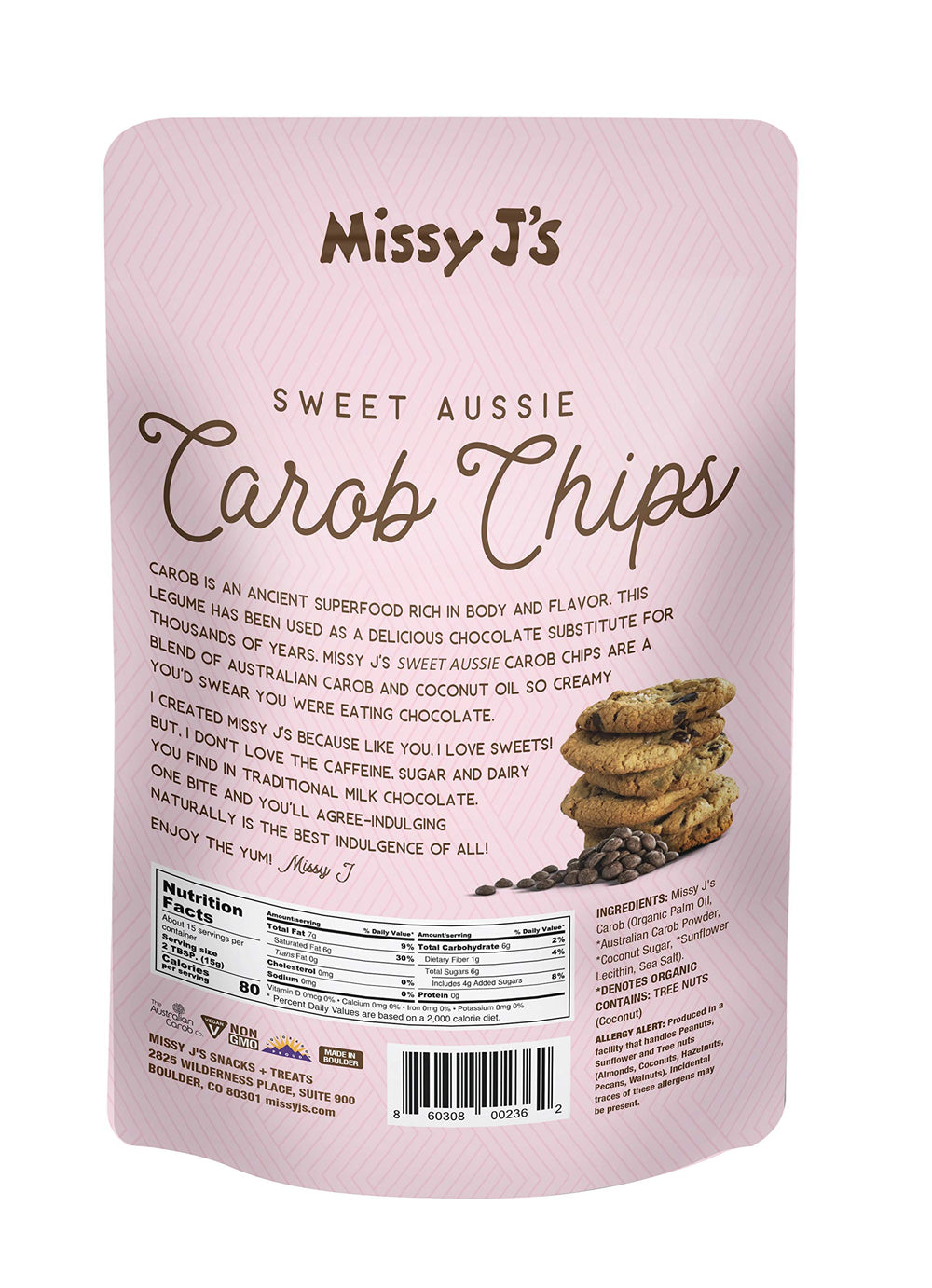 Missy J's carob chips close-up of ingredients highlighting gluten-free, vegan mix with coconut sugar