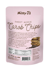 Missy J's carob chips close-up of ingredients highlighting gluten-free, vegan mix with coconut sugar