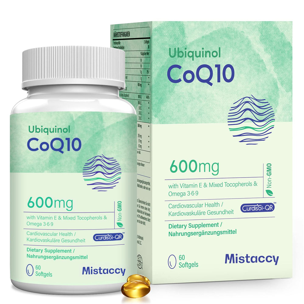 Mistaccy CoQ10 600mg bottle front view, high-absorption ubiquinol for daily vitality