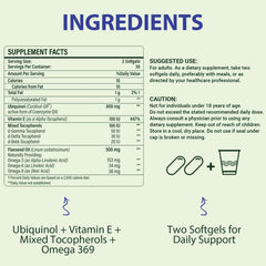 Mistaccy CoQ10 600mg label close-up showing Curdisol-QR and vitamin E