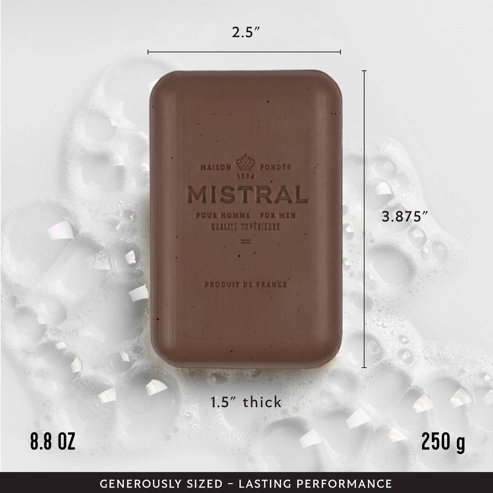 Mistral bar soap ingredients featuring argan oil and glycerin for gentle hydration.