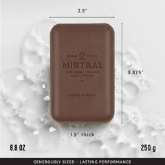 Mistral bar soap ingredients featuring argan oil and glycerin for gentle hydration.