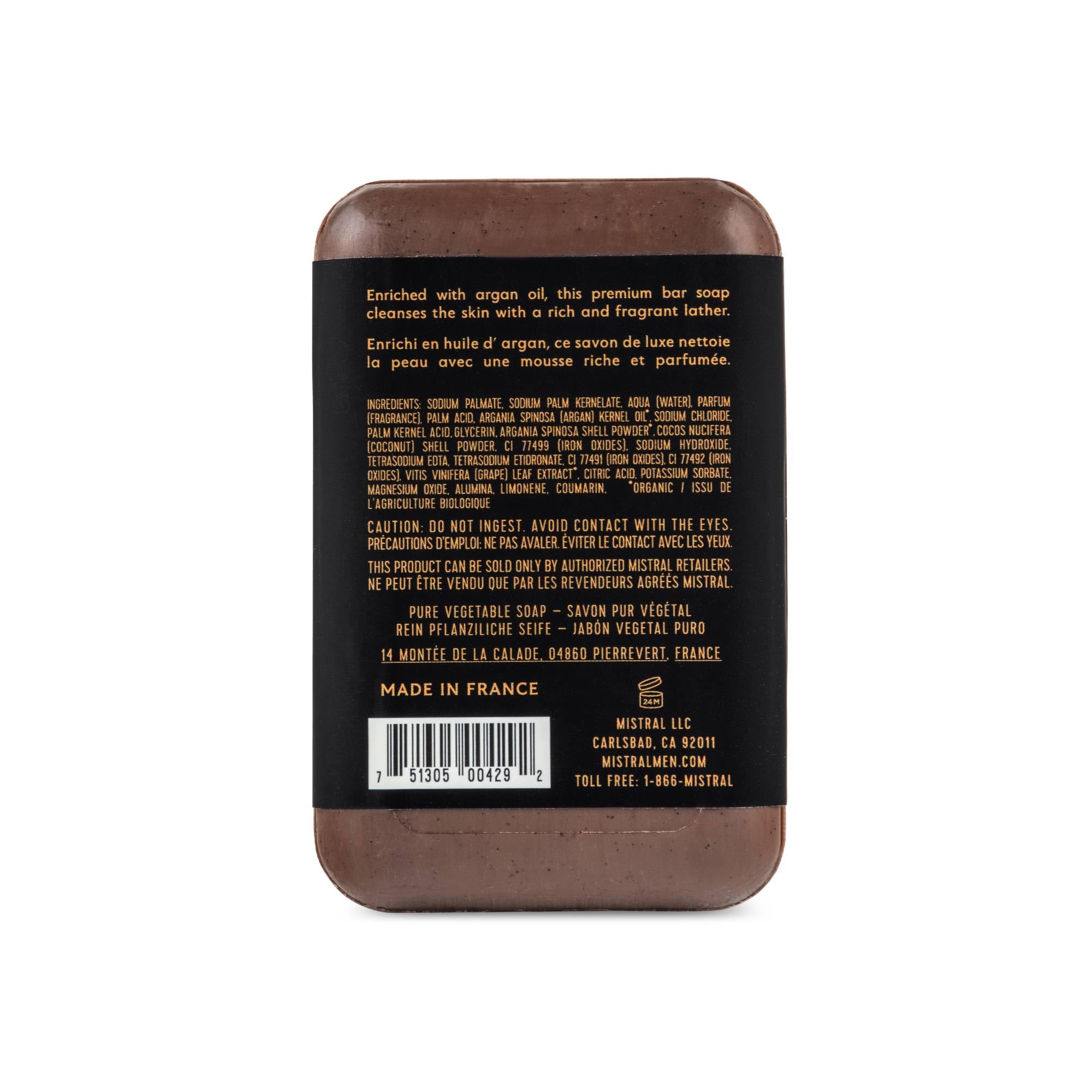 Close-up of Mistral Bourbon Vanilla bar soap showing triple-milled texture for longevity.
