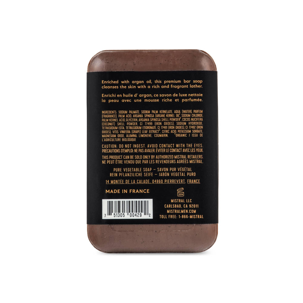 Close-up of Mistral Bourbon Vanilla bar soap showing triple-milled texture for longevity.