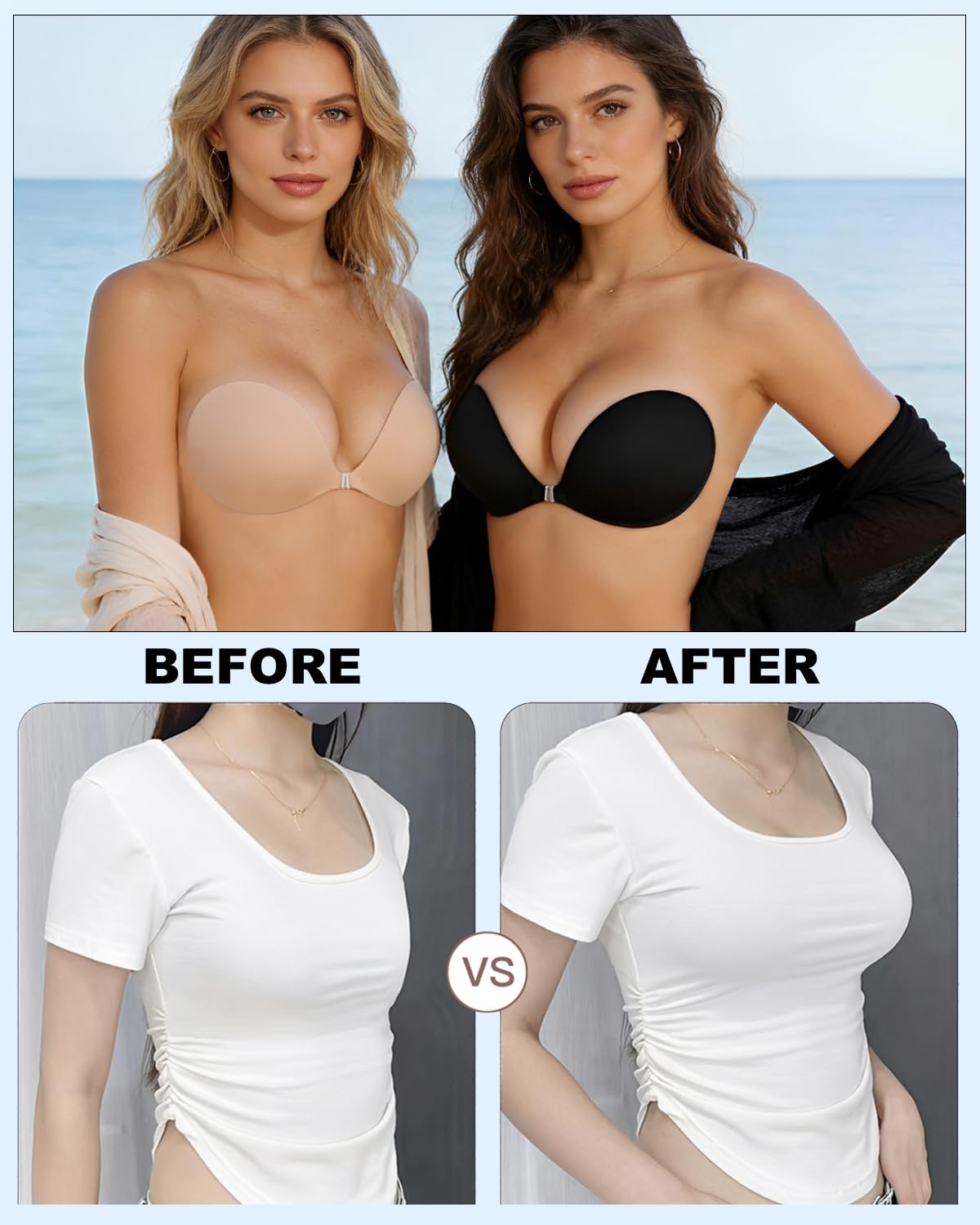 MITALOO black adhesive bra with push-up adds subtle enhancement.
