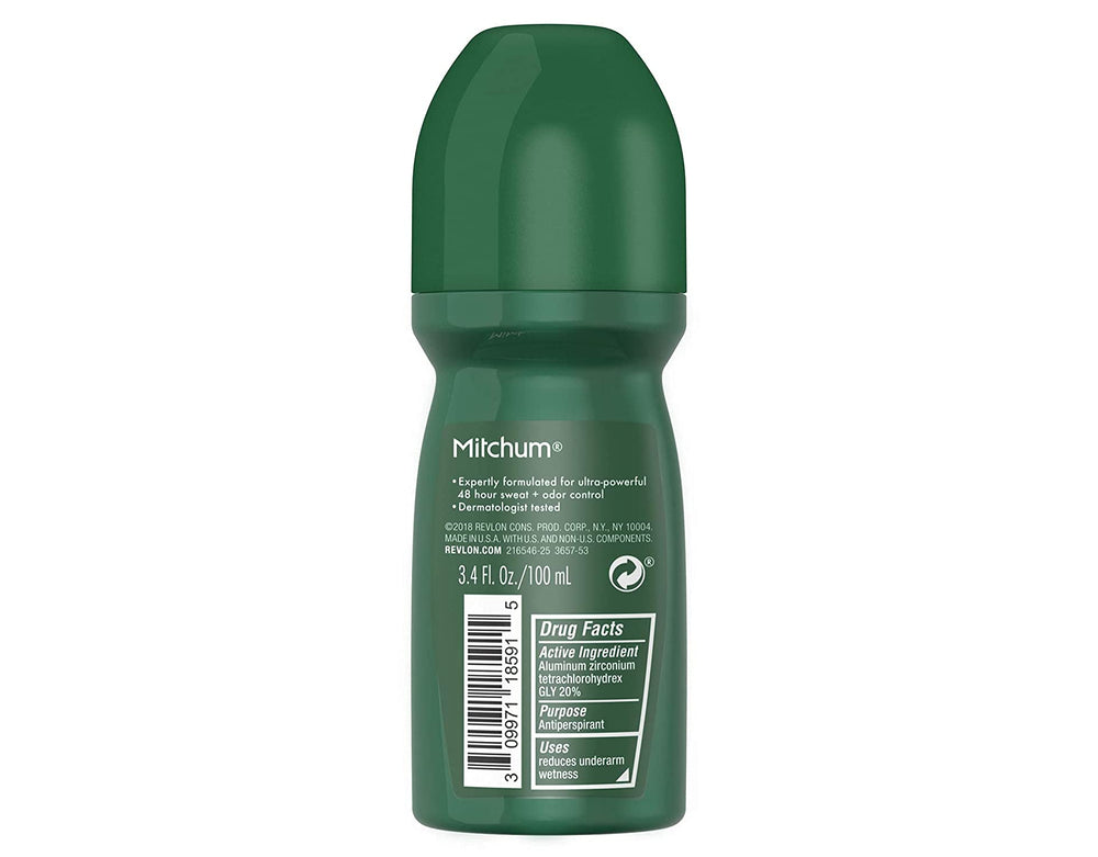 Mitchum pack of four bottles displayed for convenient daily freshness.