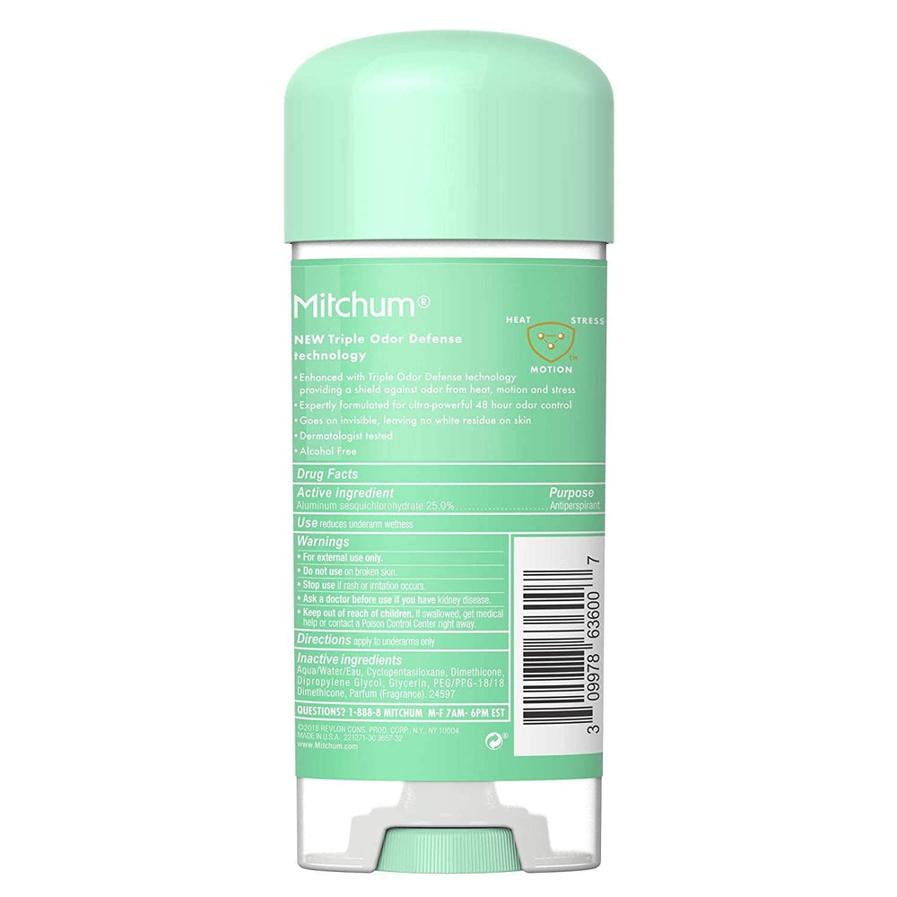 Mitchum Powder Fresh Power Gel pack of four, quick-drying formula without white residue.