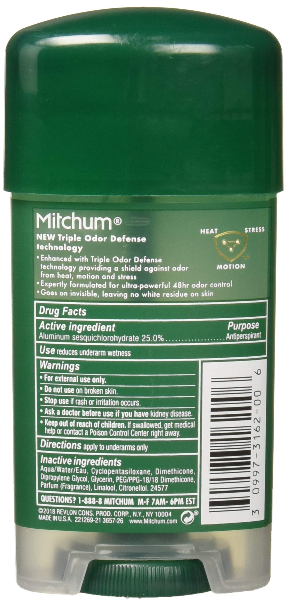 Mitchum Sport deodorant stick close-up label showing Triple Odor Defense and 48-hour protection.