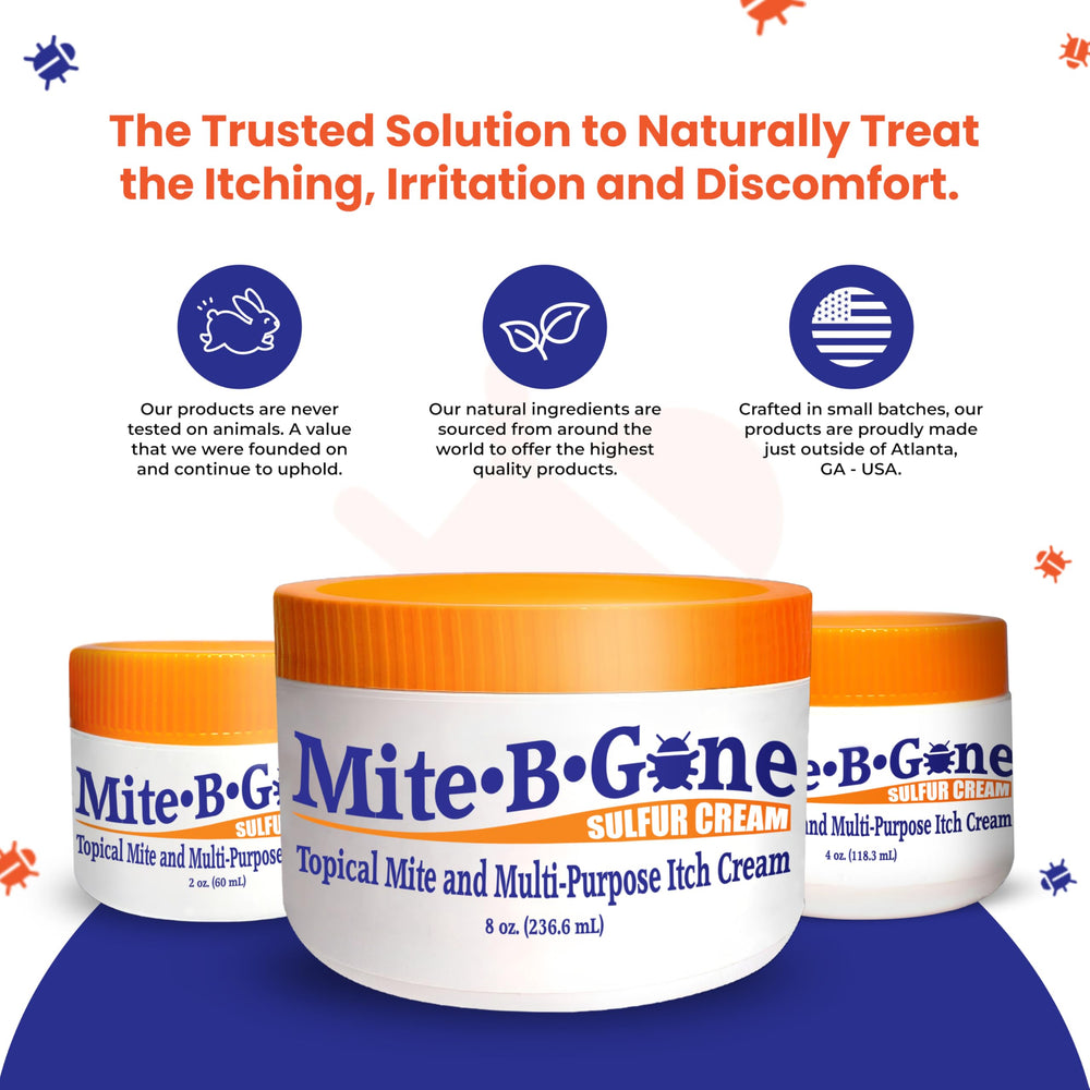 Mite-B-Gone cream on skin demonstrates fast-absorbing topical relief potential.