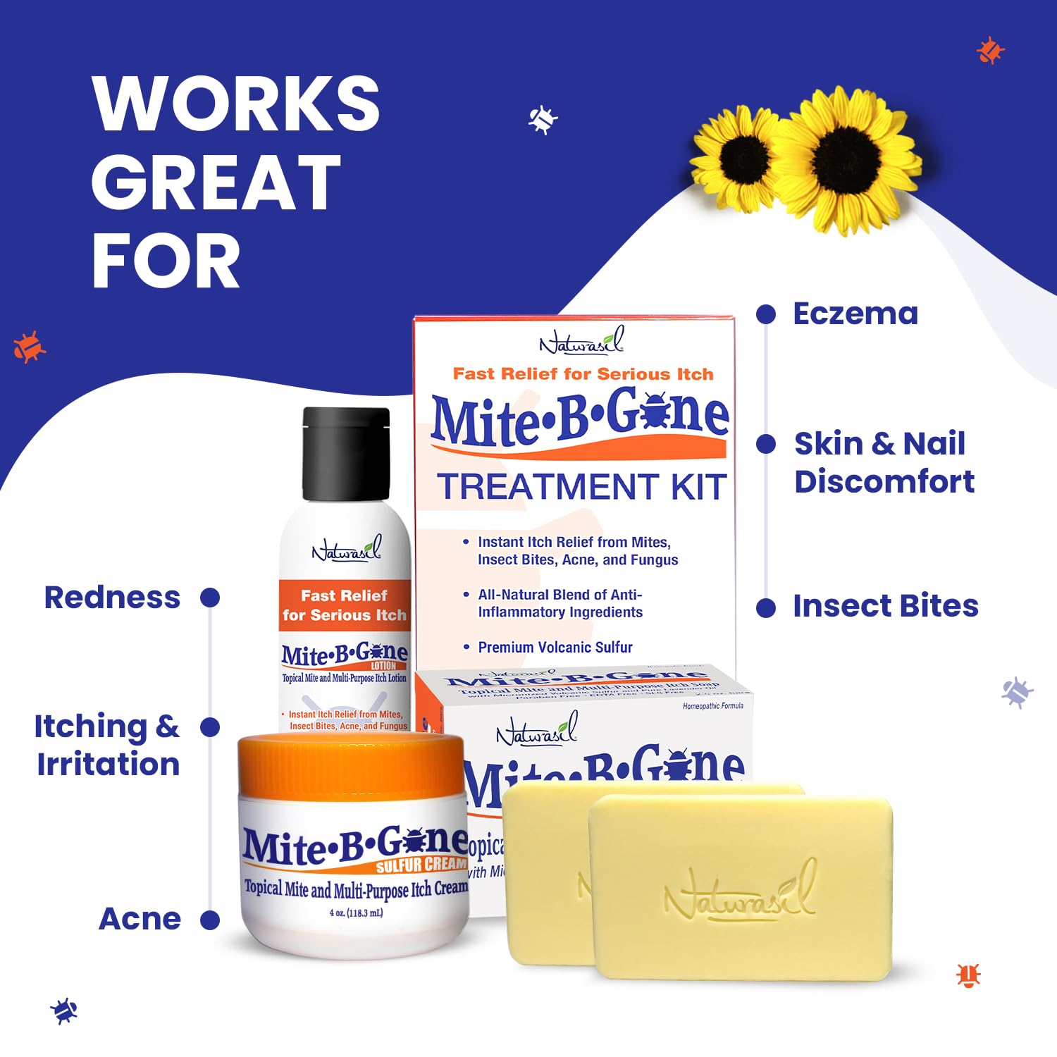 Mite-B-Gone Relief Soap packaging emphasizing USA-made promise
