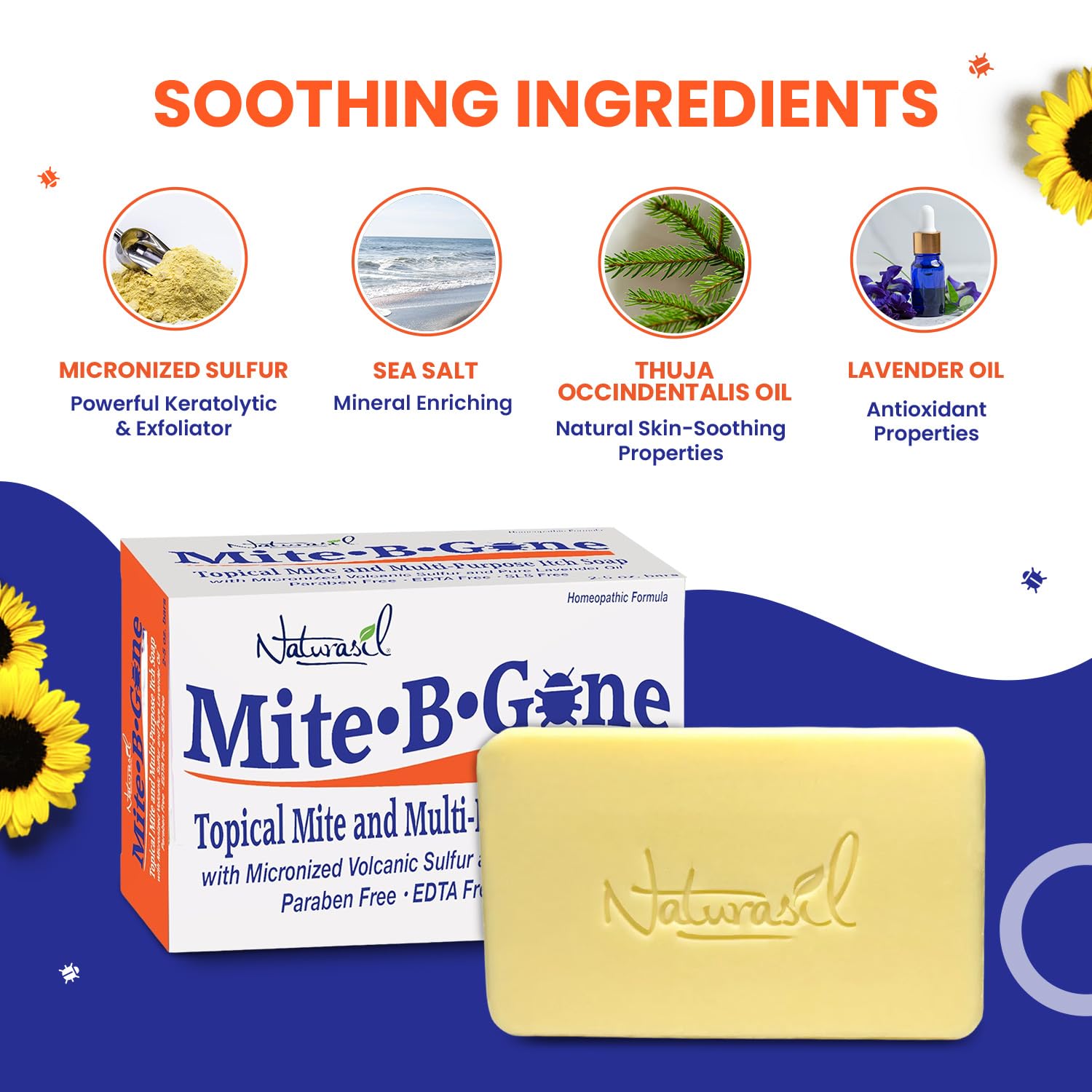 Mite-B-Gone Relief Soap volcanic sulfur symbol indicates natural defense