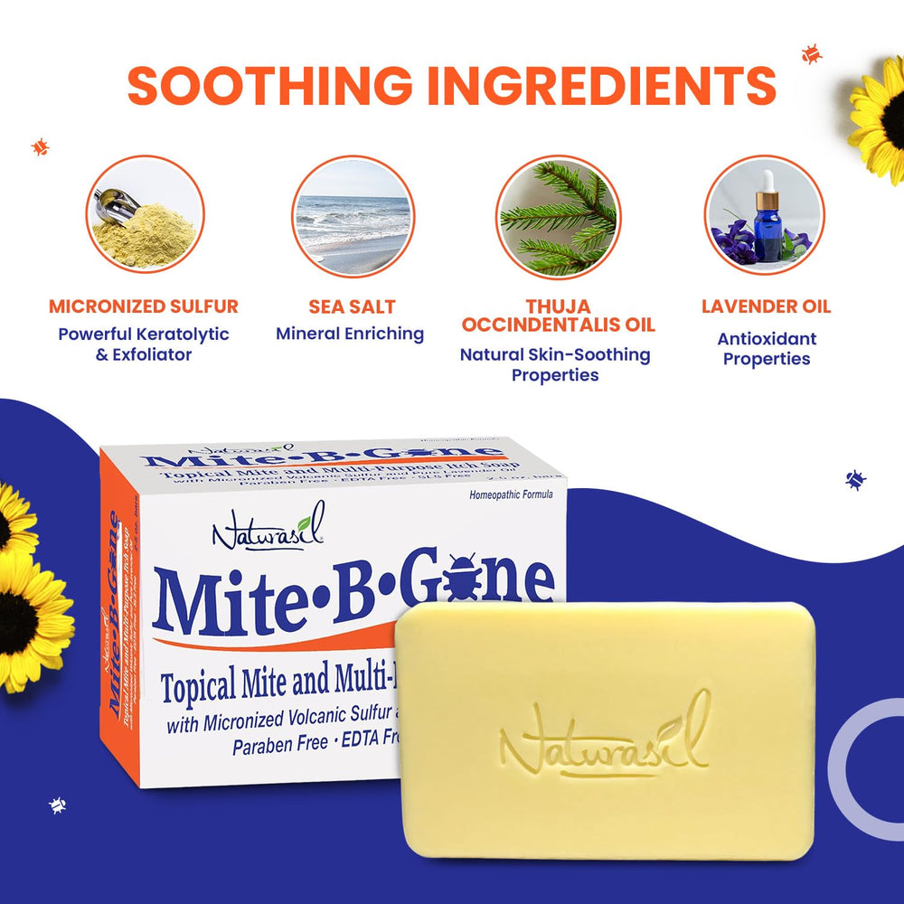 Mite-B-Gone Relief Soap volcanic sulfur symbol indicates natural defense