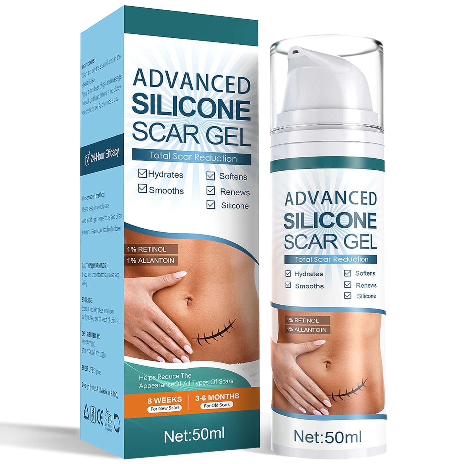 Mitgary Advanced Scar Gel bottle pour for discreet daily scar care.