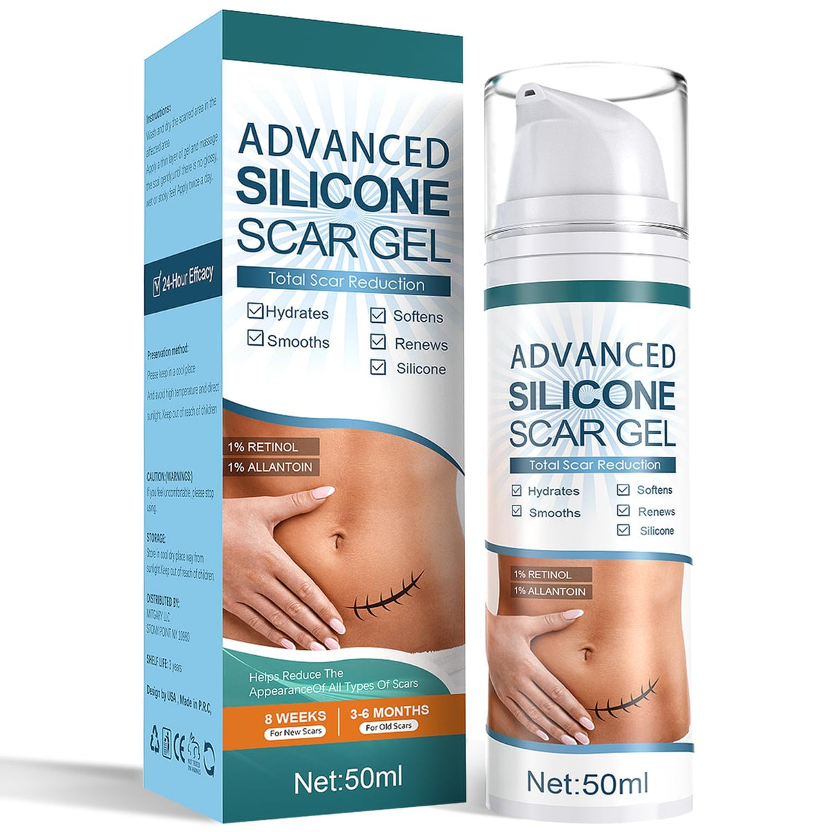 Mitgary Advanced Scar Gel bottle pour for discreet daily scar care.