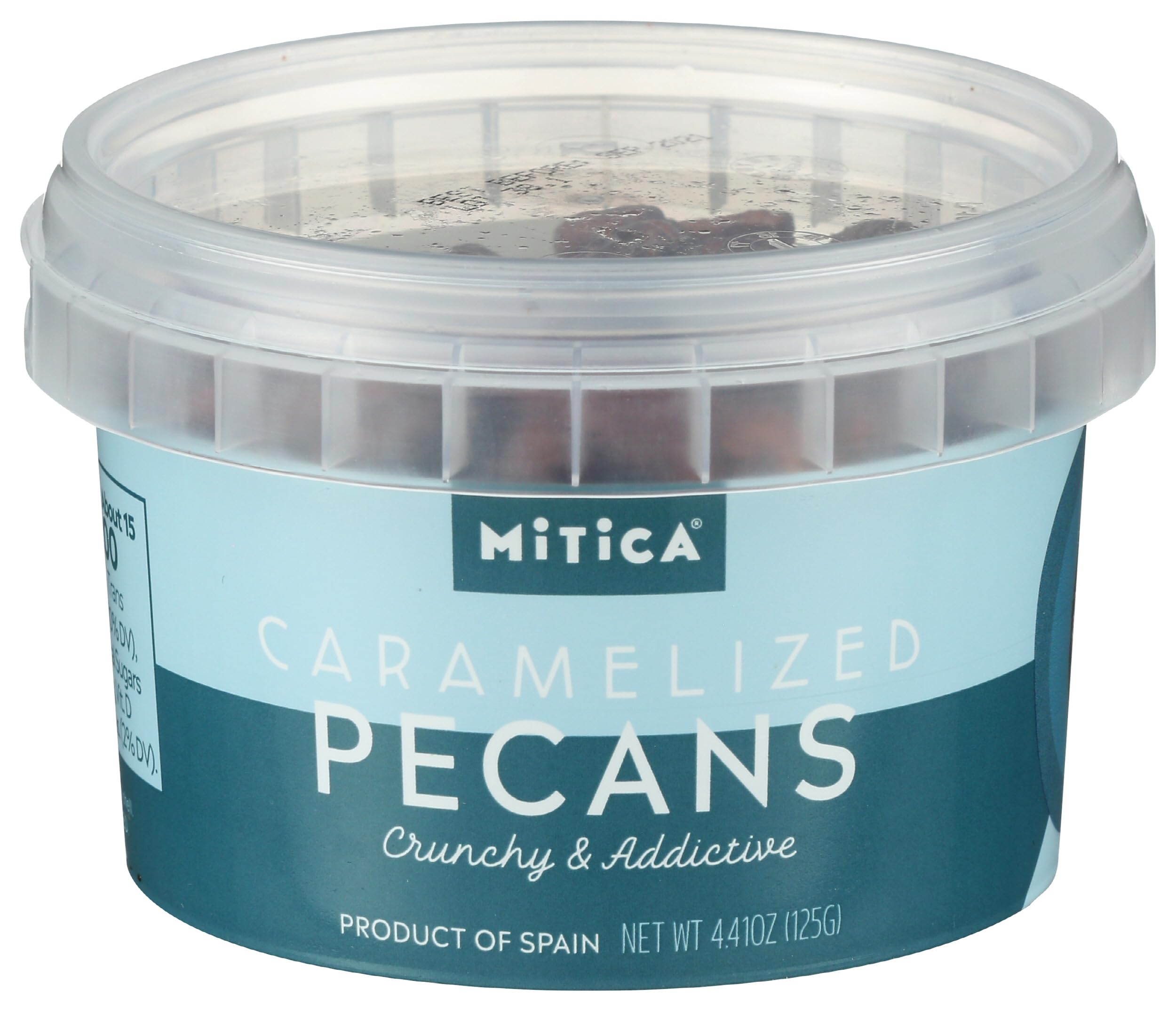 Mitica caramelized pecans 4.41 oz packaging shows glossy glaze for easy snacking.