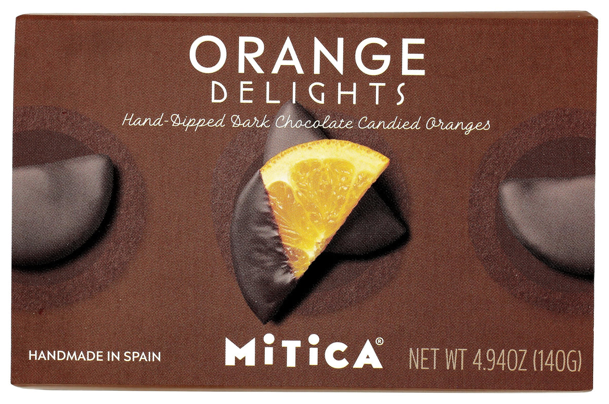 Mitica Chocolate Candied Oranges packaging highlighting the 4.94 oz size for gifting