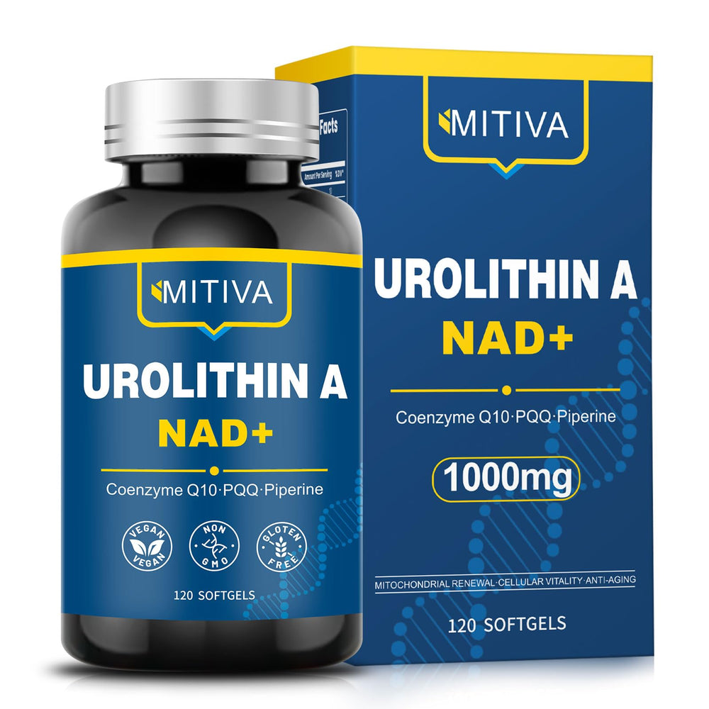 MITIVA Urolithin A bottle showing 120 softgels for daily vitality and balance.