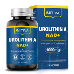MITIVA Urolithin A bottle showing 120 softgels for daily vitality and balance.