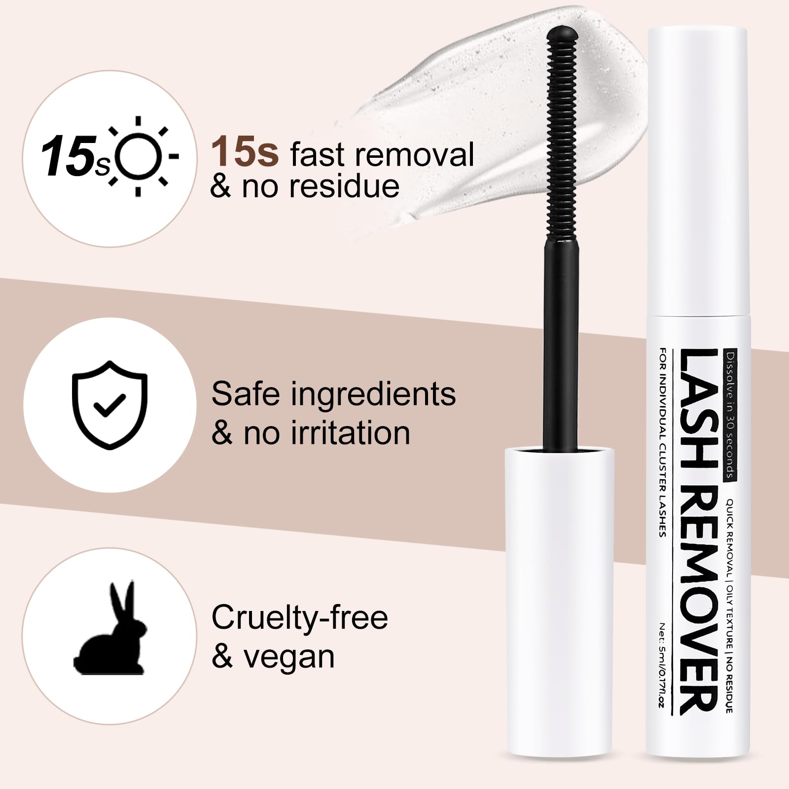 Miuffue remover action demonstrating fast 30-second lash bond dissolution.