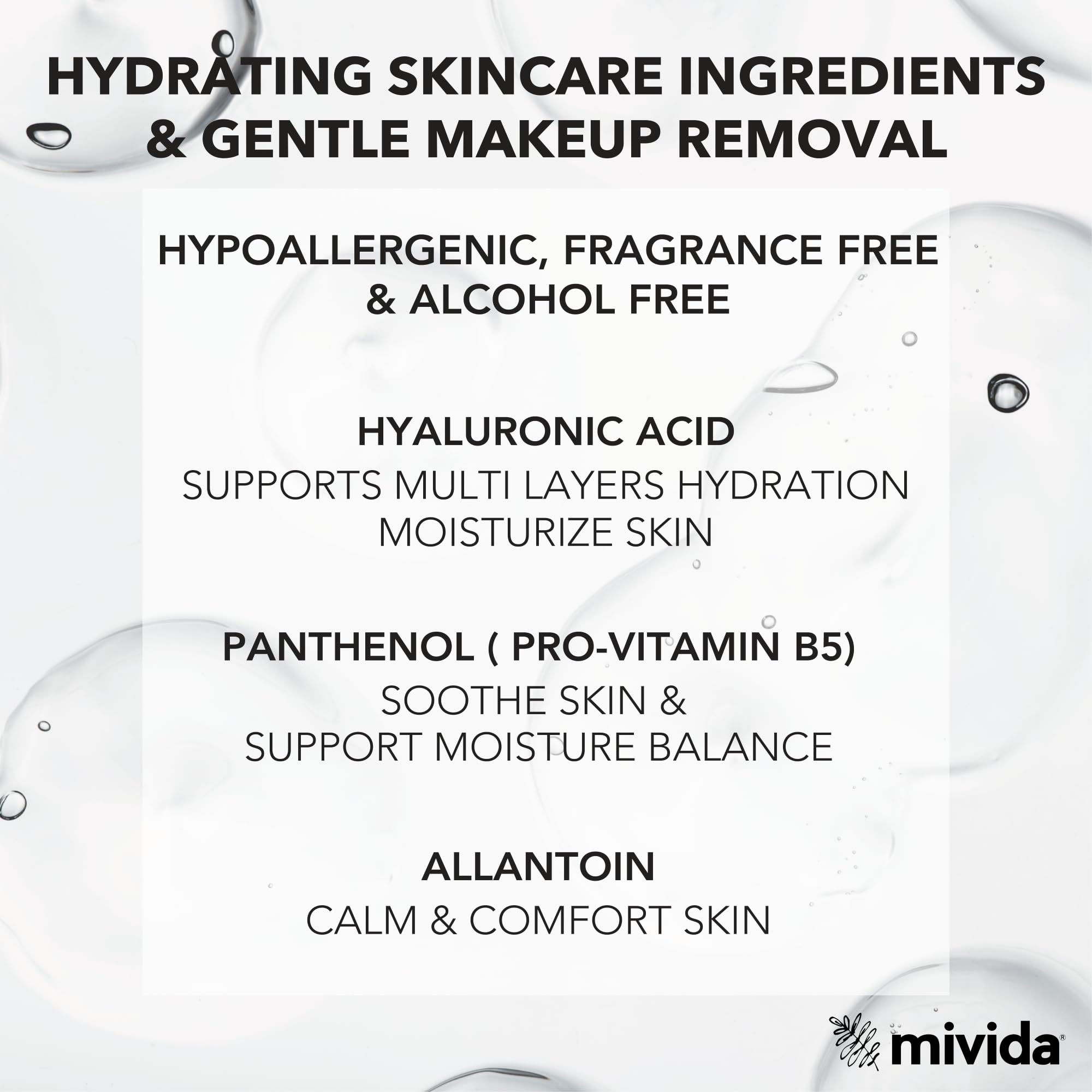 Mivida fragrance-free wipes label emphasizes gentle use for sensitive skin.