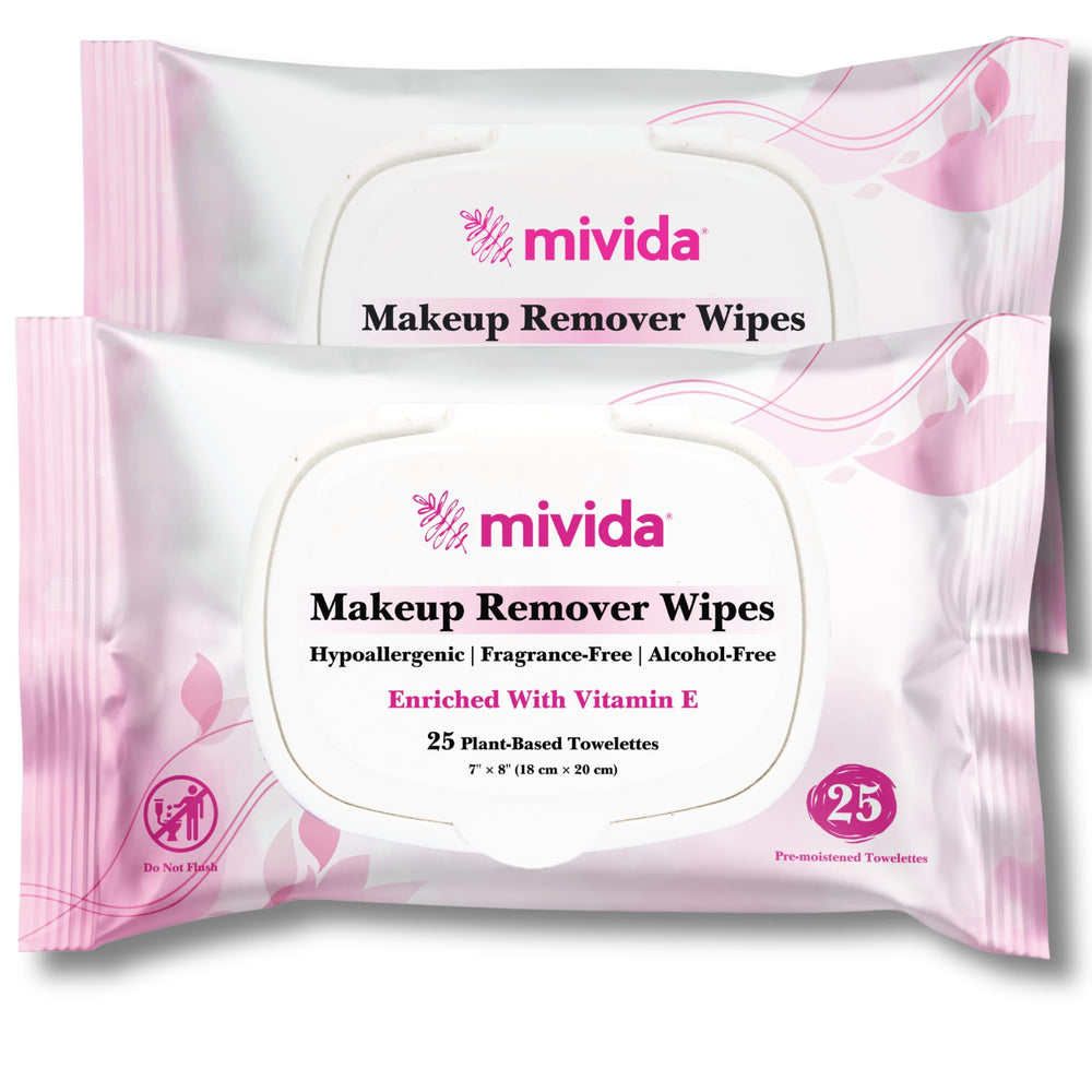 Mivida hypoallergenic makeup remover wipes pack, gentle cleansing for sensitive skin.