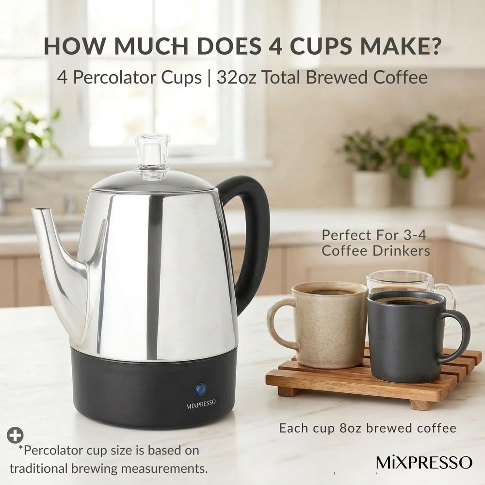 Mixpresso percolator in action pouring hot coffee from the spout
