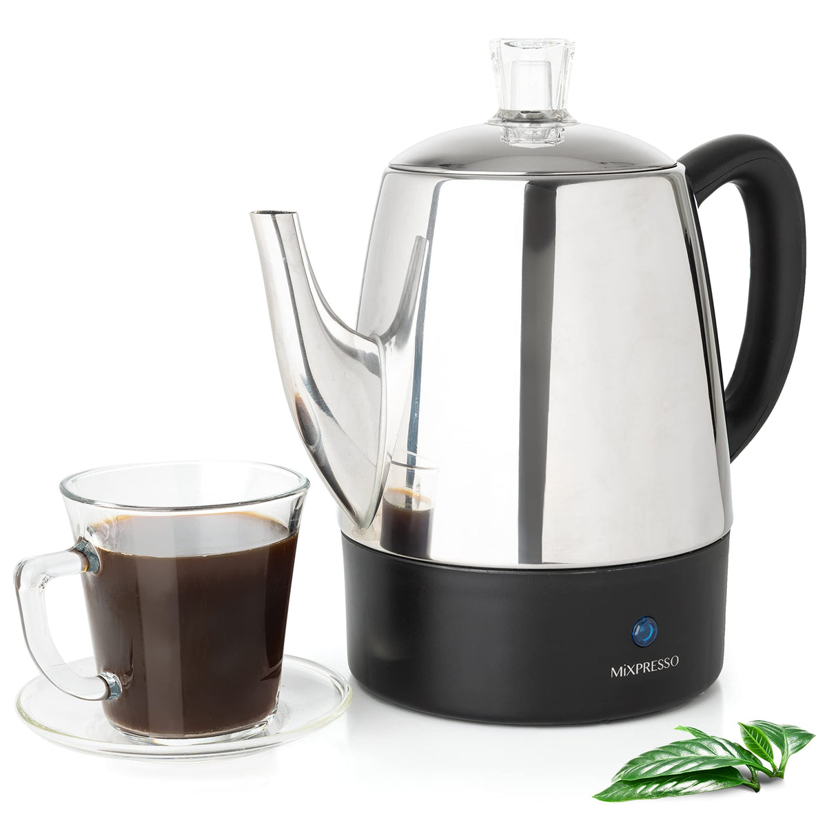 Mixpresso 4-cup electric percolator front view brews bold coffee quickly