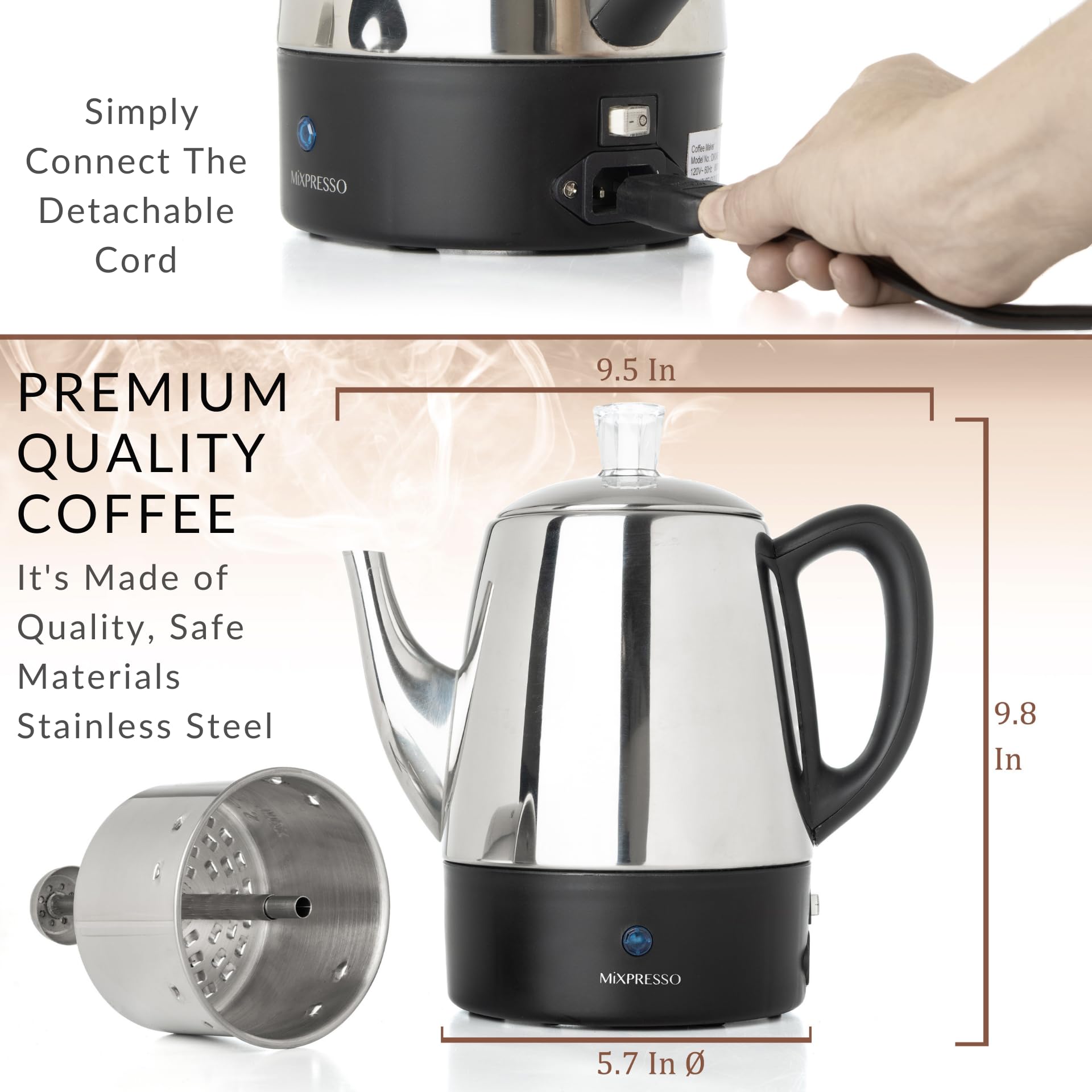 Mixpresso percolator lid open showing removable filter basket for easy cleaning