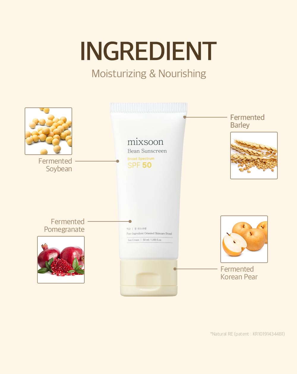 Wheat sprout extract and fermented bean ingredients in Mixsoon sunscreen