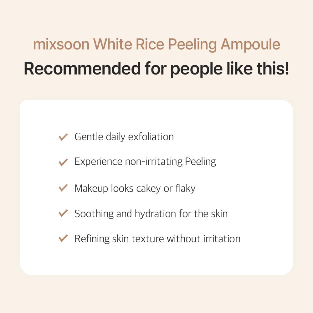 Mixsoon White Rice Peeling Ampoule ingredients illustration featuring rice ferment filtrate and soy protein