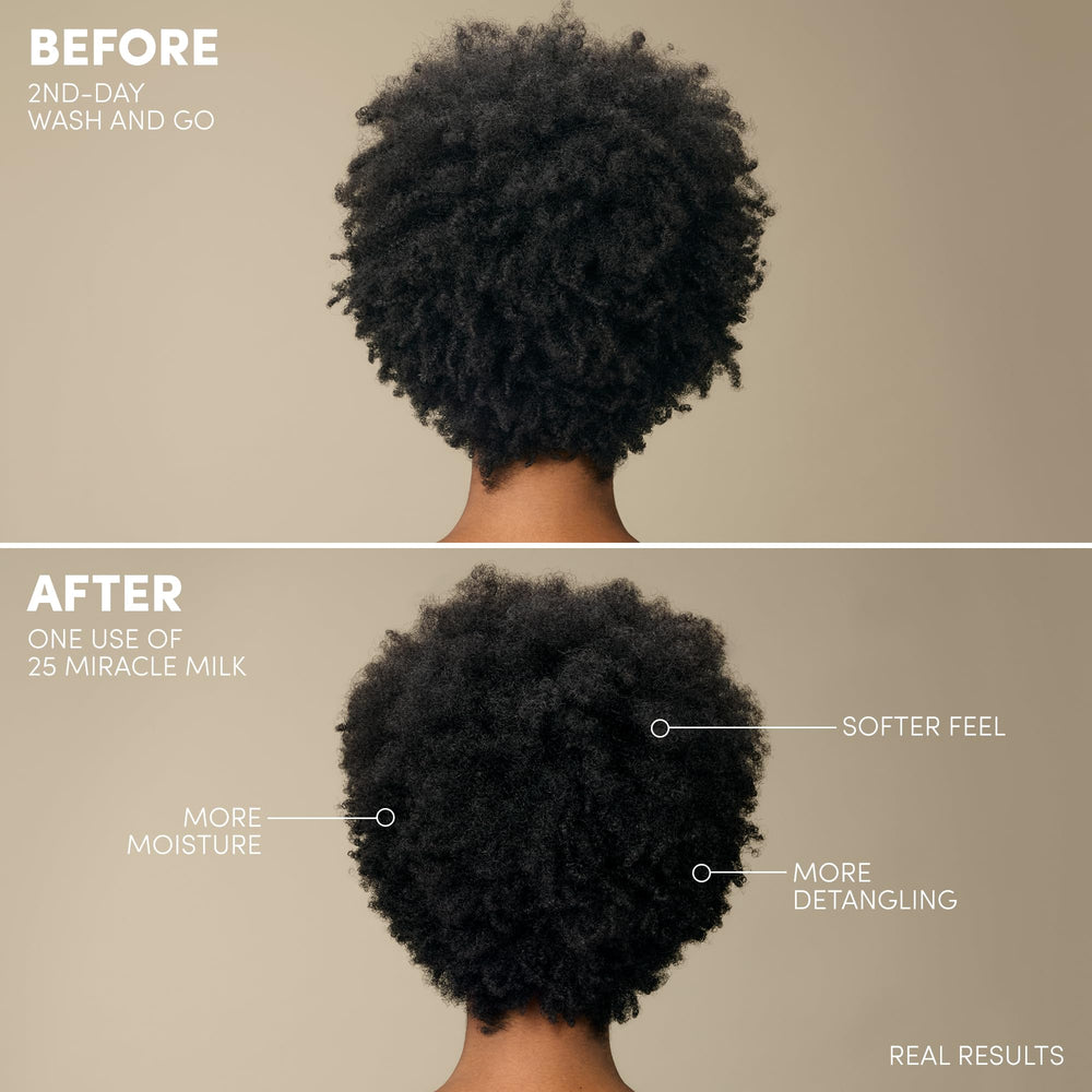Mizani Miracle Milk bottle highlights coconut oil for shine and softness