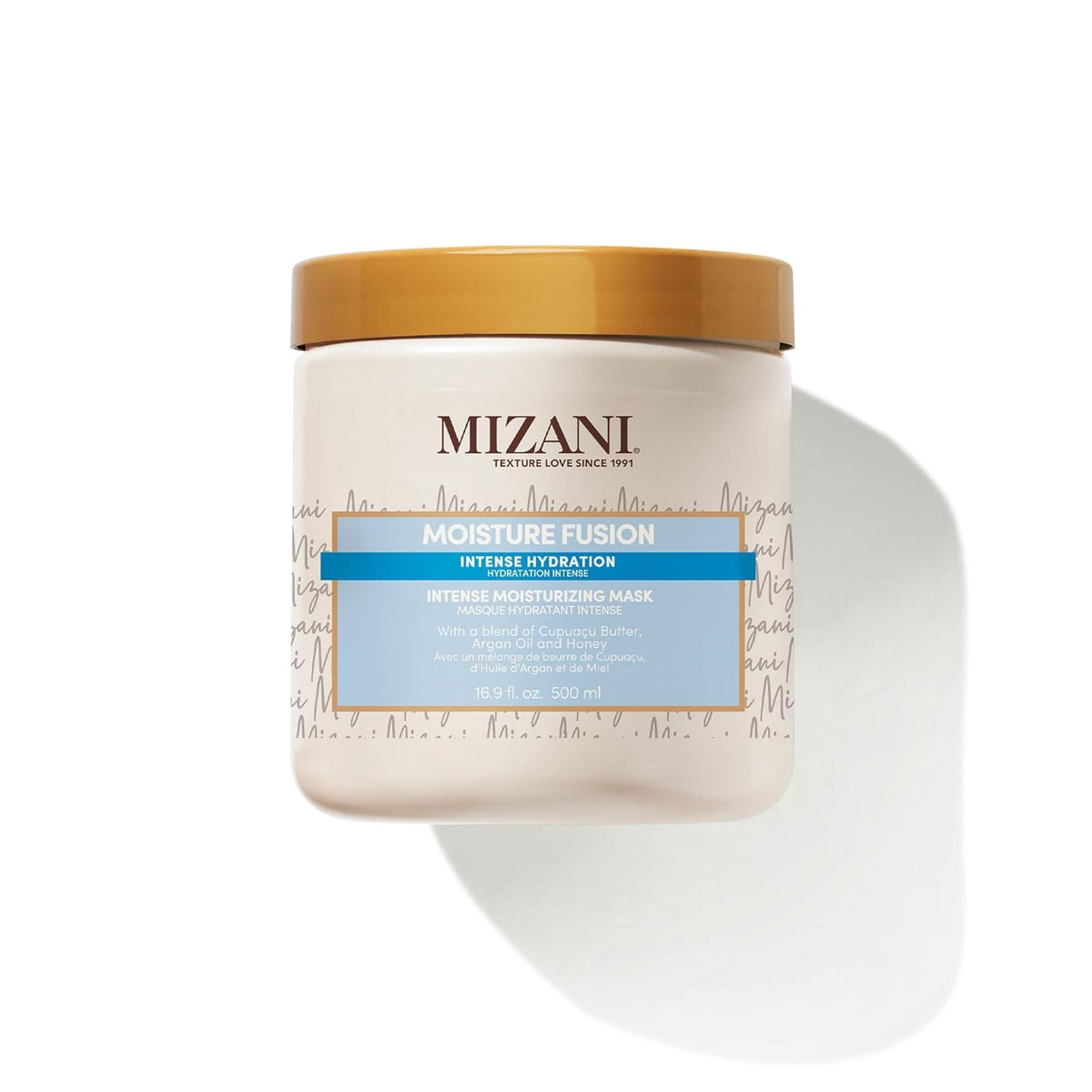 Mizani Moisture Fusion bottle label highlighting hydration for curls