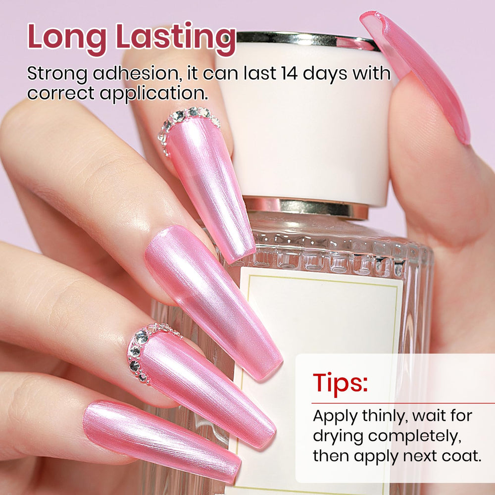 MIZHSE Pearlescent Rose Pink Nail Polish quick-dry action highlighted for on-the-go use.