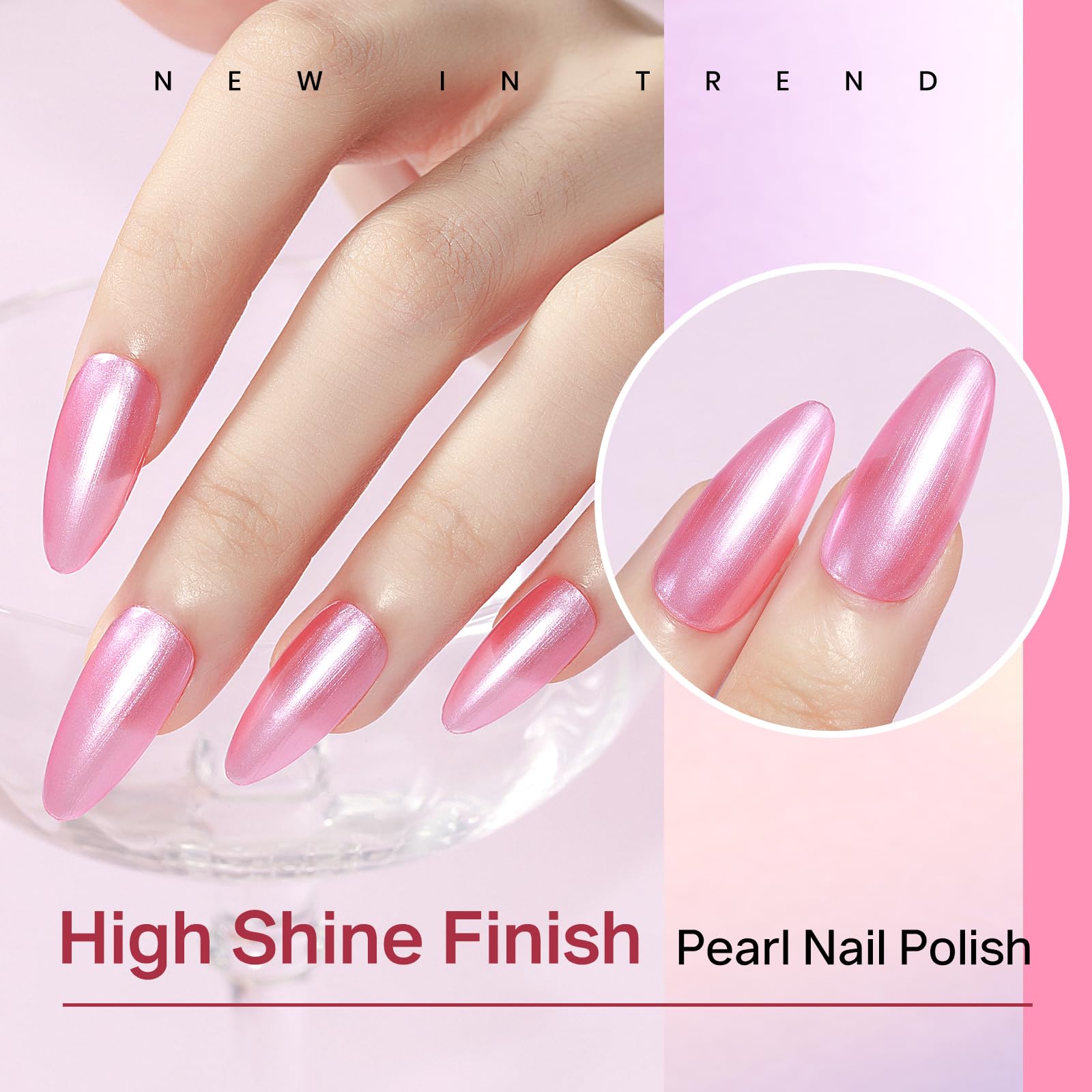 Close-up of MIZHSE Pearlescent Rose Pink Nail Polish on nails for chic manicure.