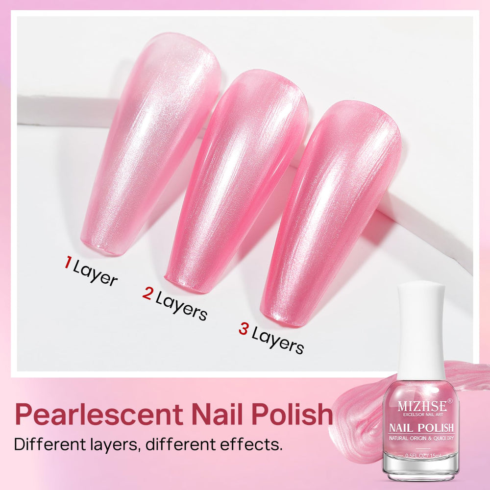 Swatches reveal a glossy pearlescent rose pink finish from MIZHSE Nail Polish.