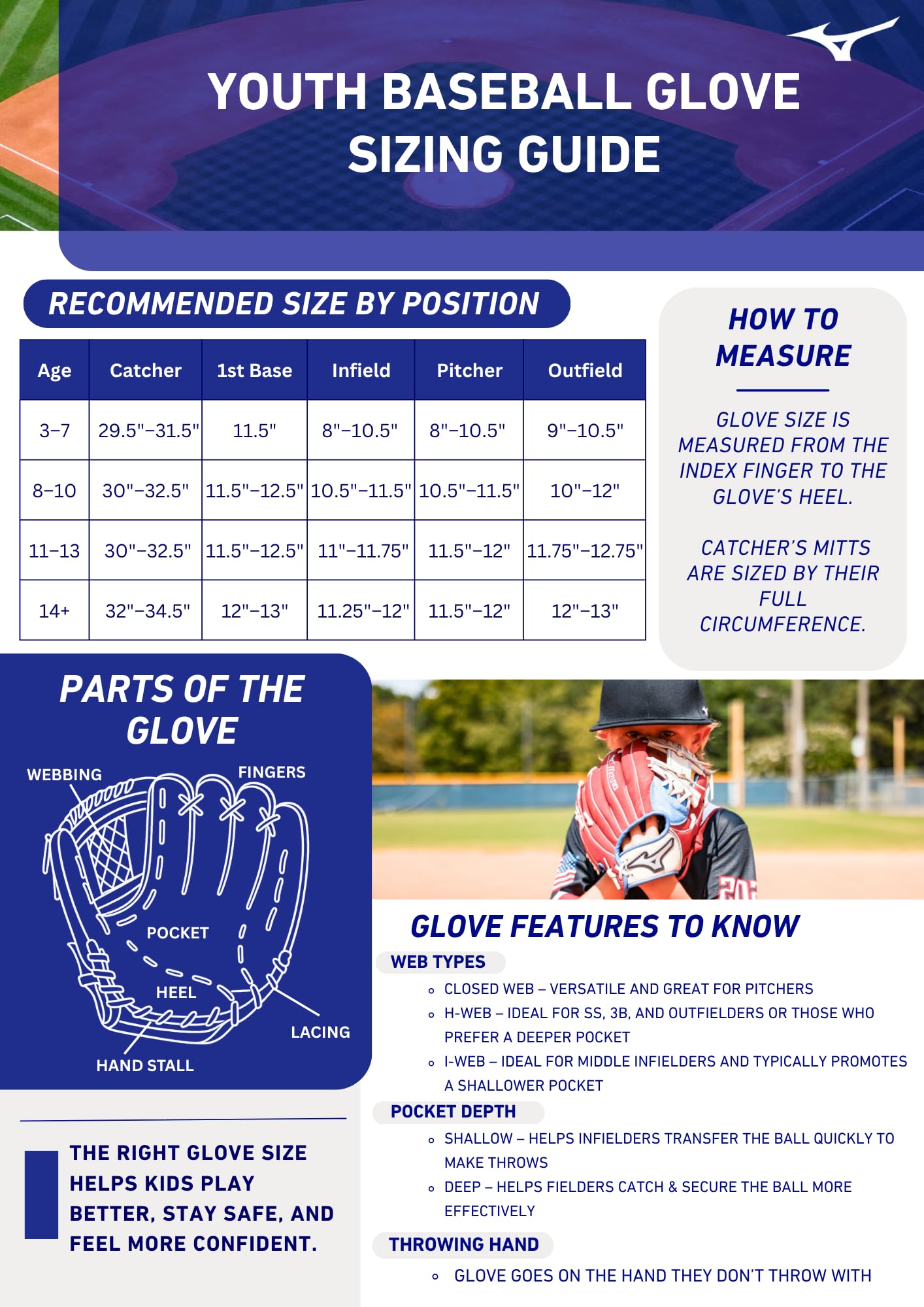 Mizuno Prospect Brown Tartan Flex Web glove on display for teens.